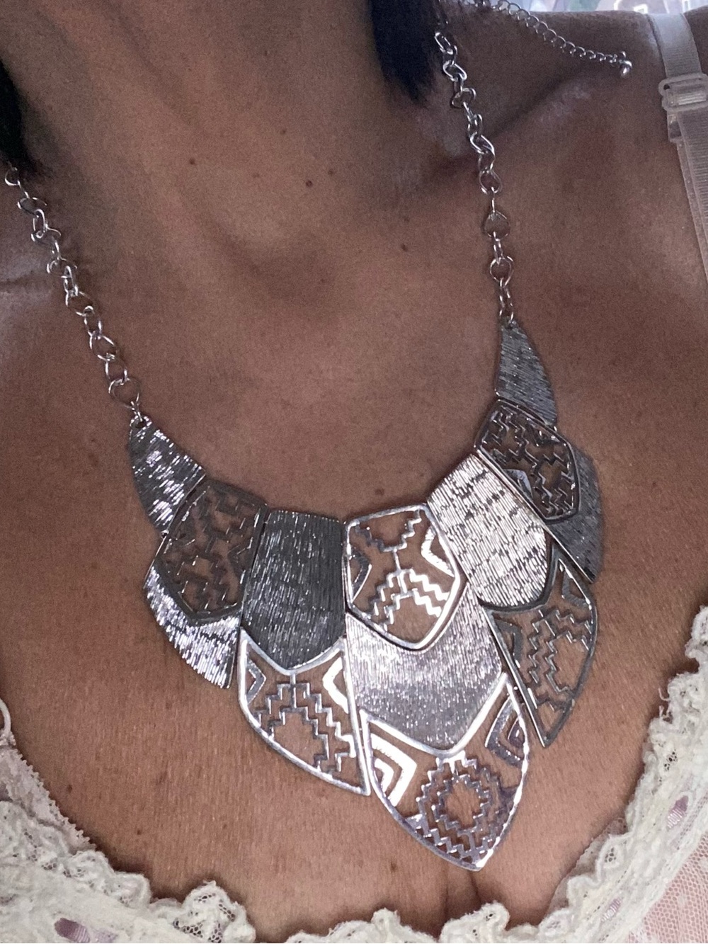 Beautiful silver statement necklace with linked panels